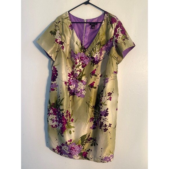 Signature By Robbie Bee Women Purple Green Floral Vibrant V-Neck Dress Size 22W - Picture 1 of 11
